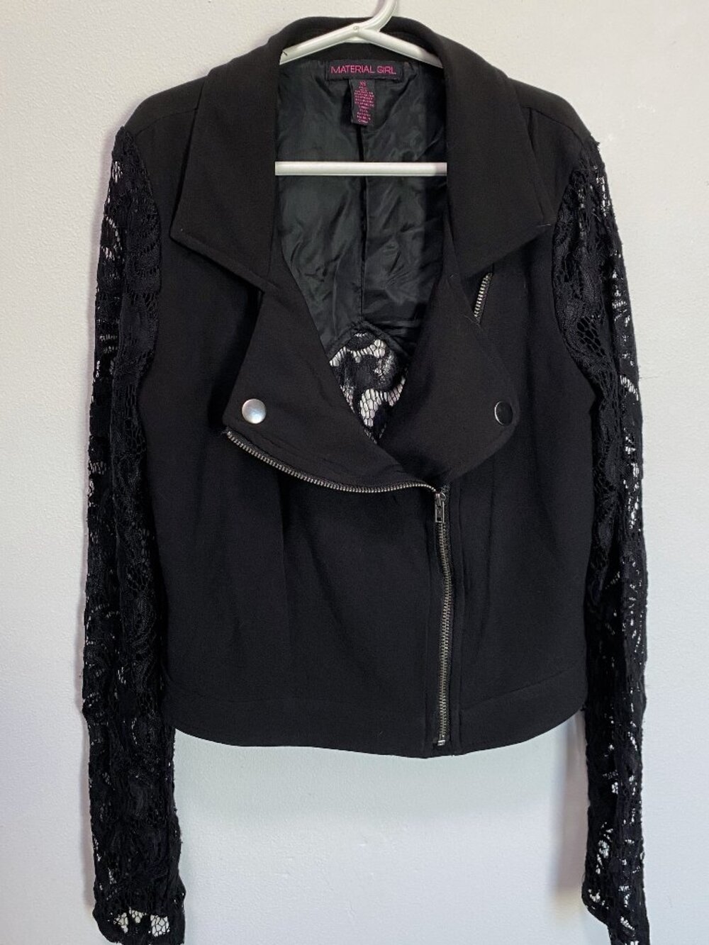 Material Girl Crop-Top Lace Inlay Biker Jacket XS